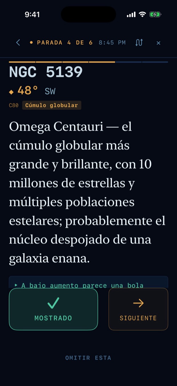 Modo guía: una parada a pantalla completa, con la historia y los botones Mostrado y Siguiente.