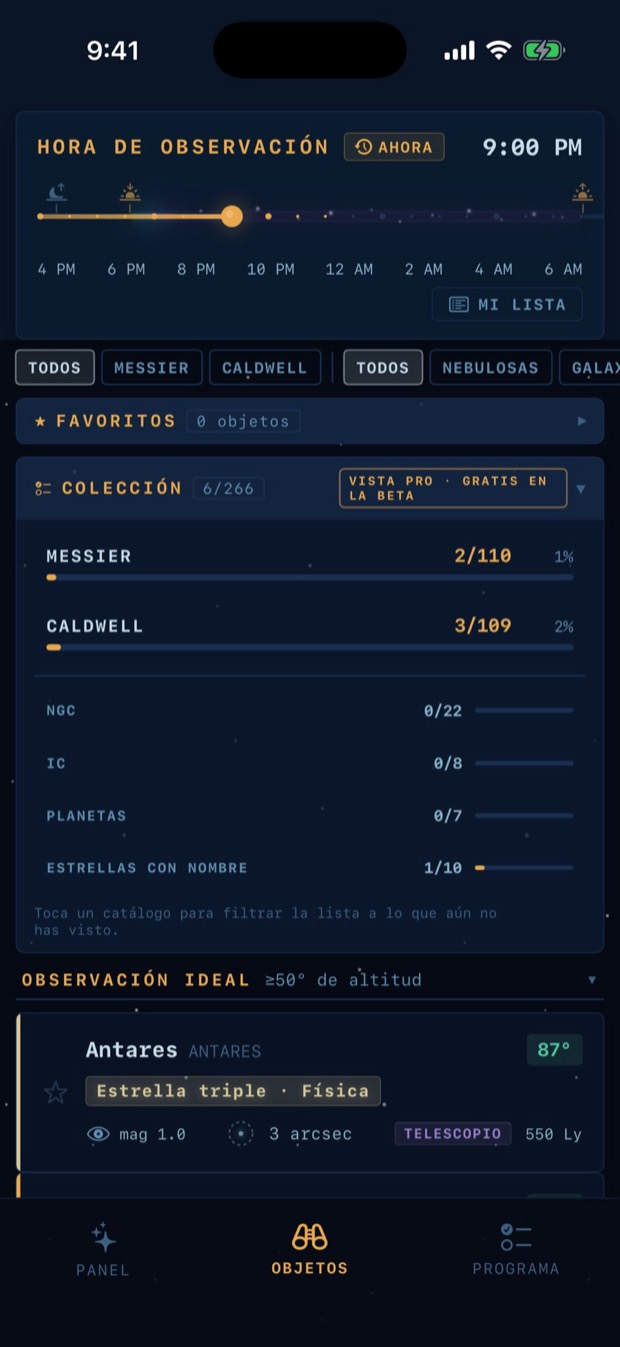 El catálogo con el progreso de colección en Messier, Caldwell, NGC, IC, planetas y estrellas.