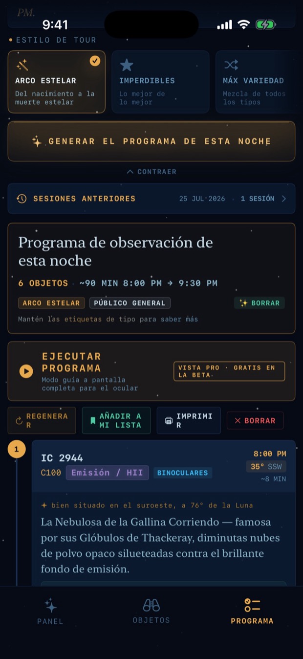 Un programa generado: seis paradas con horas, altitudes y un texto narrado.