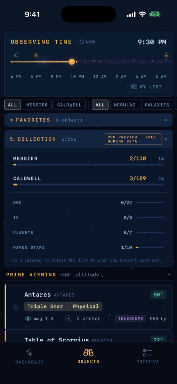 The catalog with collection progress across Messier, Caldwell, NGC, IC, planets and stars.