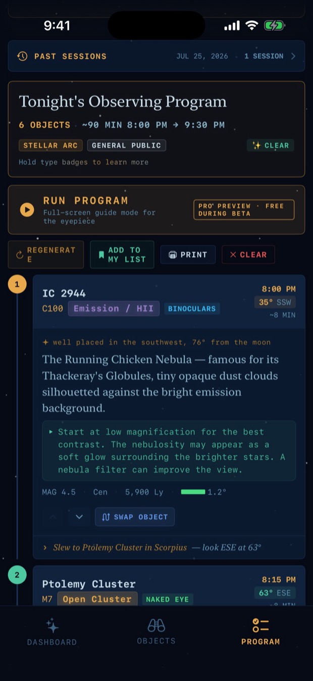 A generated program: six stops with times, altitudes and a narrated hook.